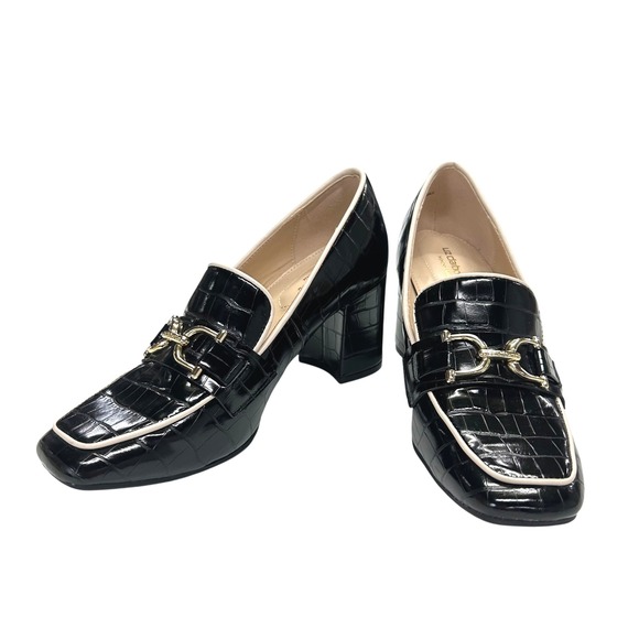 Liz Claiborne Croc Embossed Block Heel Loafers Black 9 Quiet Luxury Academia - Picture 1 of 8